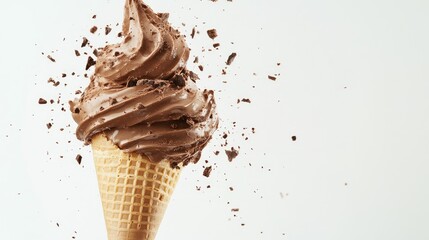 Exciting close-up of a chocolate ice cream cone explosion, with chocolate ice cream erupting against a clean white background.