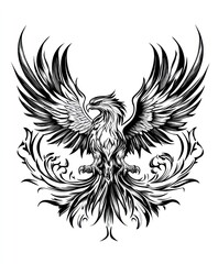 Fototapeta premium A black and white illustration of a majestic eagle with its wings spread wide, surrounded by intricate floral designs.