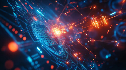 Obraz premium A futuristic tech scene with scientific elements. The image shows networks and connections, glowing brightly.