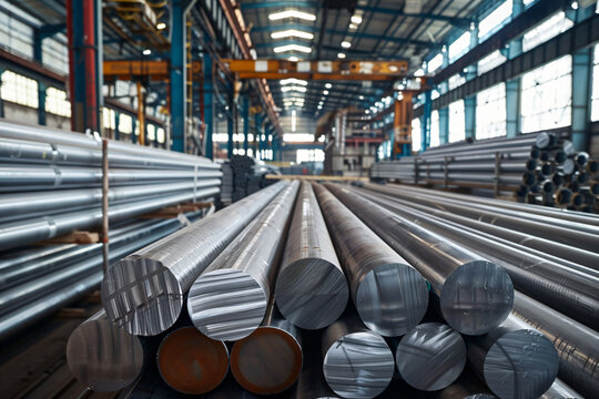 A spacious industrial warehouse filled with neatly arranged metal pipes and beams, showcasing the essence of manufacturing and production environments.