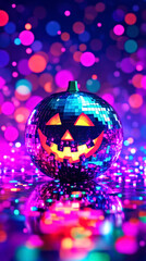 Neon Disco Pumpkin with Glowing Face for Festive Halloween Celebration. vertical video