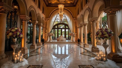 Picture an elegant wedding venue with a grand architectural style.