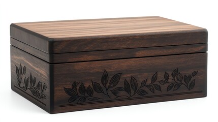 Custom wooden keepsake box with engraved design, rustic finish, 3D illustration