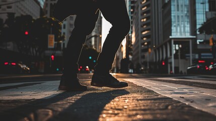Back view of a man walking on crosswalk in the city street crowd.