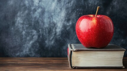 Fresh red apple positioned on a book stack against a wooden table, with a chalkboard background adding a classic touch.