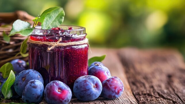 Fresh plums and a jar of homemade plum jam on a wooden table, highlighting the natural ingredients and homemade appeal