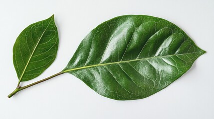 Minimalist style photography of green leaf isolated on a white background. Close up, high resolution photography.