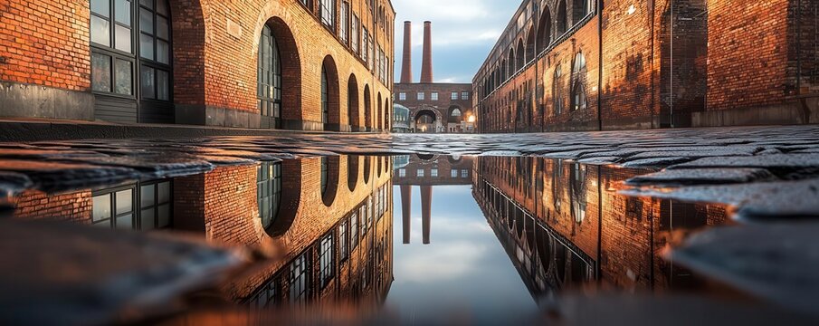 Silhouette of an old brickwork factory with arches and smokestacks, reflected in puddles on a cobblestone street