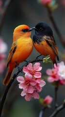 A couple Icterus galbula perching near a flower tree branch, colorful, blur background, spring theme