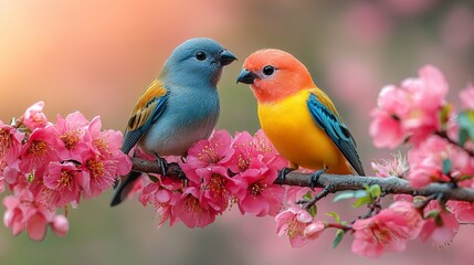 Fototapeta premium A couple Icterus galbula perching near a flower tree branch, colorful, blur background, spring theme
