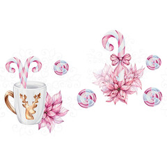 Watercolor Christmas seamless border - white mug with gold reindeer with openwork snowflake. Candy cane, poinsettia flowers. Noel. Template, elements for new year greeting cards, invitation, poster