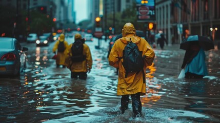 A group of people walk through a flooded street in a city.&nbsp;The street is covered in water,&nbsp;and the people are wearing rain gear