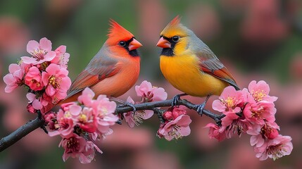 A couple cardinalis bird perching near a flower tree branch, spring theme