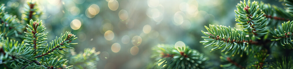 Obraz premium winter festive banner with a green pine tree branches with soft bokeh light in the background, creating a serene and natural atmosphere