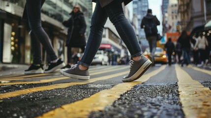Naklejka premium Back view of a man walking on crosswalk in the city street crowd.