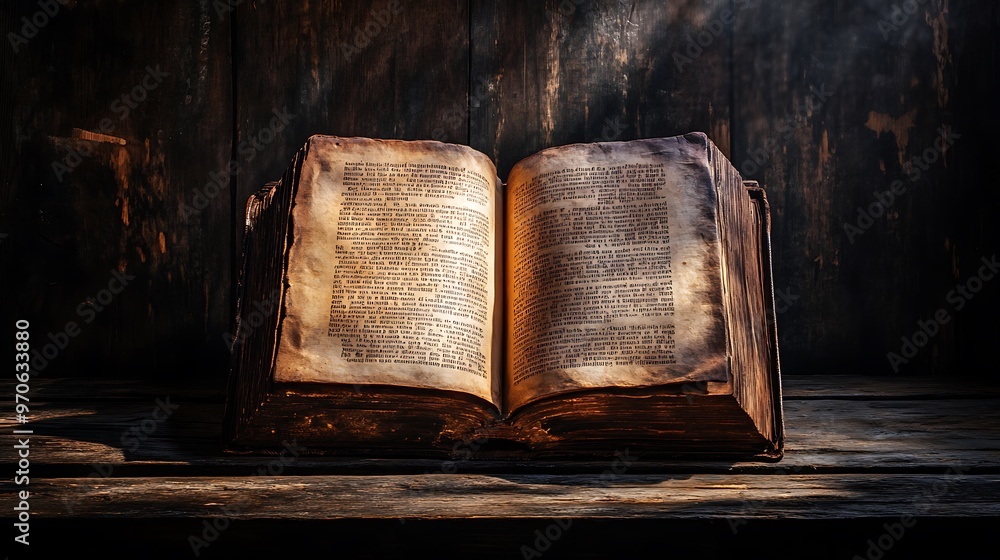 Wall mural ancient book with aged pages open on wooden table