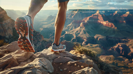 A close-up of a runner's legs on a rocky edge, overlooking the vast and dramatic landscape of a canyon at sunset