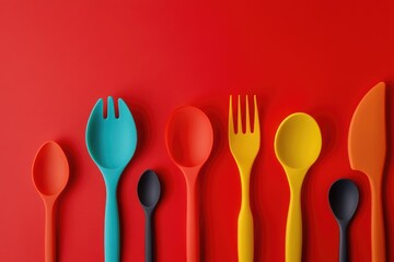 Colored plastic utensils on red background  Colored plastic utensils on red background