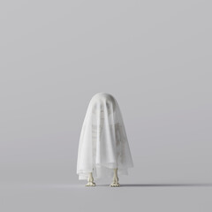 Creative Halloween. Skeleton in white cloth. 3d rendering 