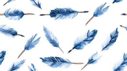 Blue boho arrowheads in a repeating tribal pattern, illustrated in watercolor style and seamlessly rendered on a white background.