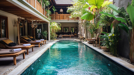 Fototapeta premium The hotel in Bali felt really cool and happy inside. It had a fancy and beautiful design that made it feel special.