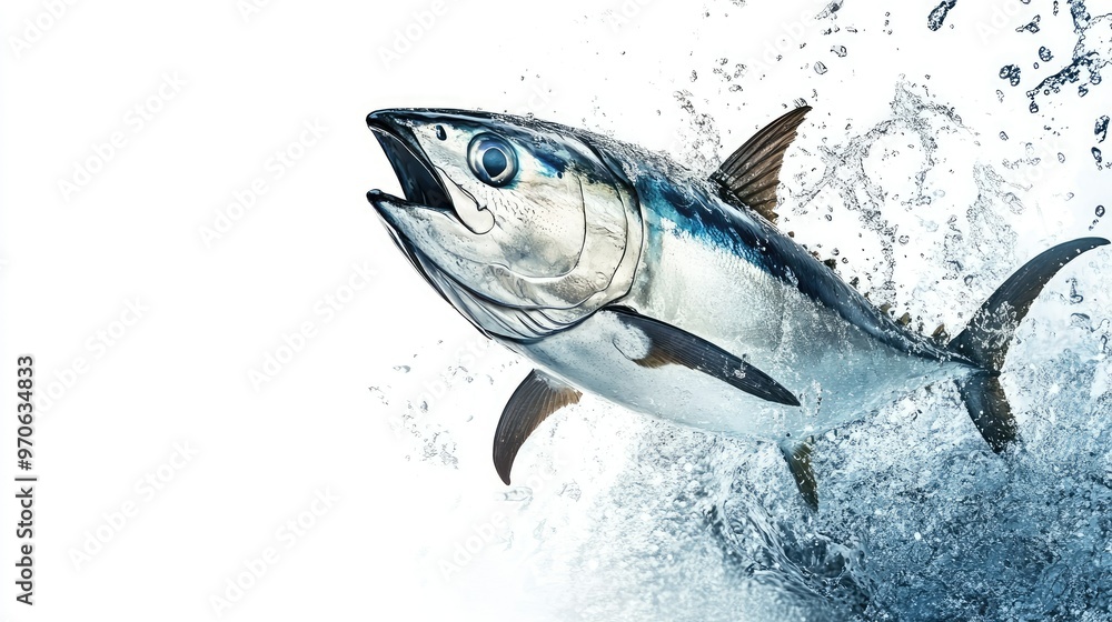 Sticker High-impact shot of a tuna fish jumping out of the water, set against a white background for dramatic effect