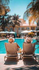 Two older travelers recline by the hotel pool, savoring drinks and soaking up the warm sunshine in a relaxing atmosphere