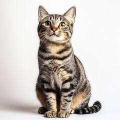 Fototapeta premium A tabby cat with green eyes sits on a white background, looking up with a curious expression.