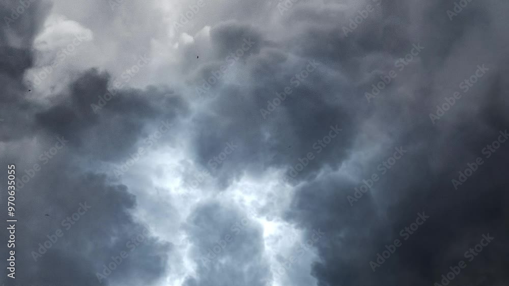 Poster Lightning strike with dark clouds in sky.