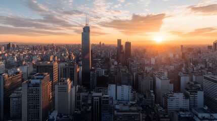 Naklejka premium Sunset Over a Cityscape with a Tall Skyscraper