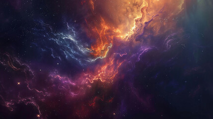 A stunning digital artwork of a vibrant cosmic scene filled with swirling clouds of purple, orange, and blue, resembling a nebula in deep space.