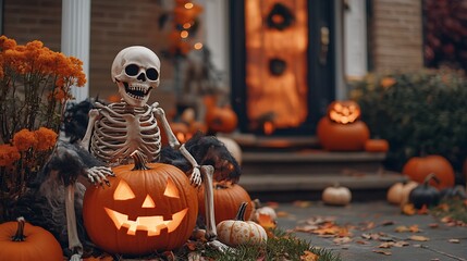Skeleton and Jack-o'-Lantern on a Porch