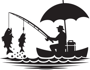 Iconic Fishing Scene: Fisherman with Fishing Tackle Silhouette. Fishing vector.
