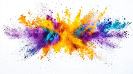 Fototapeta premium Holi powder explosion in vibrant yellow, purple, orange, and blue hues, spreading dynamically on a pure white background.