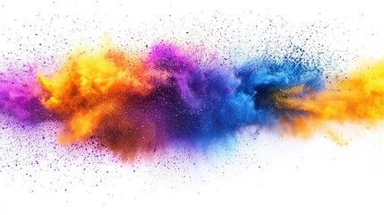 Holi powder explosion in vibrant yellow, purple, orange, and blue hues, spreading dynamically on a pure white background.