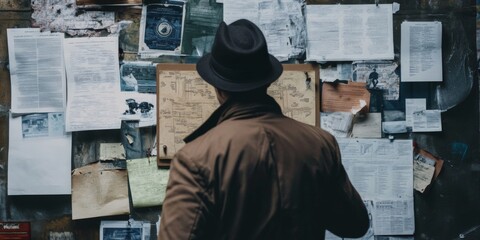 A Mysterious Investigator is Focused on Analyzing Clues Affixed to a Wall of Evidence and Leads