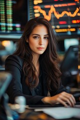 Fototapeta premium A beautiful female professional trading stock at her desk 