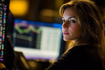 A beautiful female professional trading stock at her desk 