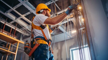 Electrician working on electrical wiring in a construction site