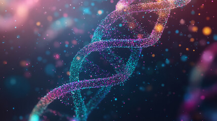 A moving, colorful image of a DNA molecule made up of tiny dots. It shows the idea of digital DNA and the human genome. This is related to medical research and genetics.