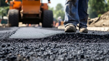 A Worker's Foot Stepping on Freshly Laid Asphalt