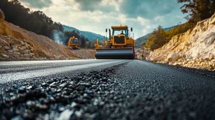 Close-up of freshly laid asphalt road with a roller in the background