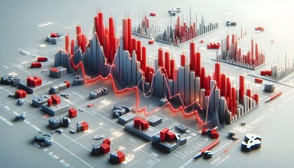 Fototapeta premium 3D render of a declining financial data chart with red candlesticks and numerical data on a white background. Concept of financial crisis and market decline. 3D Rendering.