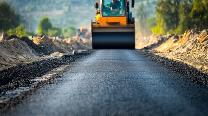 Road Construction with a Roller Compacting Fresh Asphalt