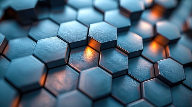 3D printed wall panel with a blue and silver hexagonal pattern with light shining