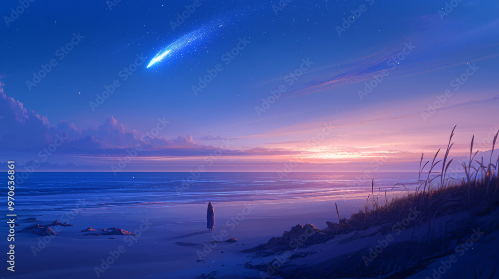 Poster a breathtaking twilight beach scene with a figure gazing at a comet streaking across the sky, creati