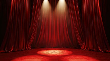 Luxurious red curtains with a spotlight on stage, highlighting a sophisticated and grand presentation environment