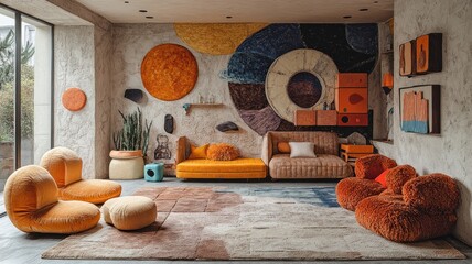 Cozy living room with vibrant orange decor and textured furnishings.