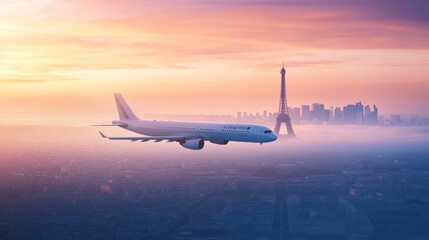 a plane carrying a banner with the Paris city skyline behind it, realistic