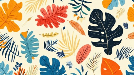 Tropical Leaves Seamless Pattern with Diverse Shapes and Colors on Light Background, Suitable for Textiles and Wallpapers